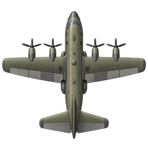 四つのプロペラと高い主翼を持つ、オリーブグレーのAC-130A風機体の上面図