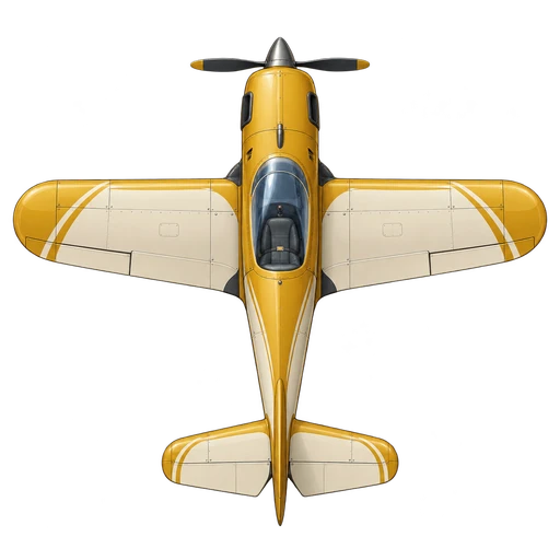 ゴールドとクリームの単座プロペラ機を真上から見た図