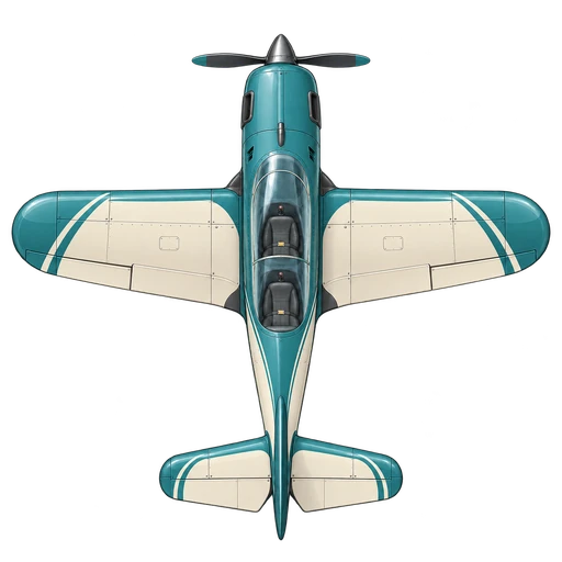 青緑とクリームの機体。座席が前後に並ぶ二人乗り機の上面図